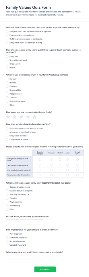 Family Values Quiz Form Template