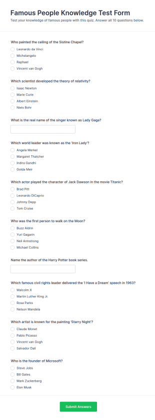 Famous People Knowledge Test Form Template