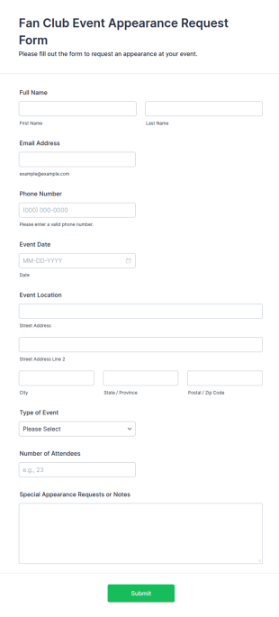 Fan Club Event Appearance Request Form Template