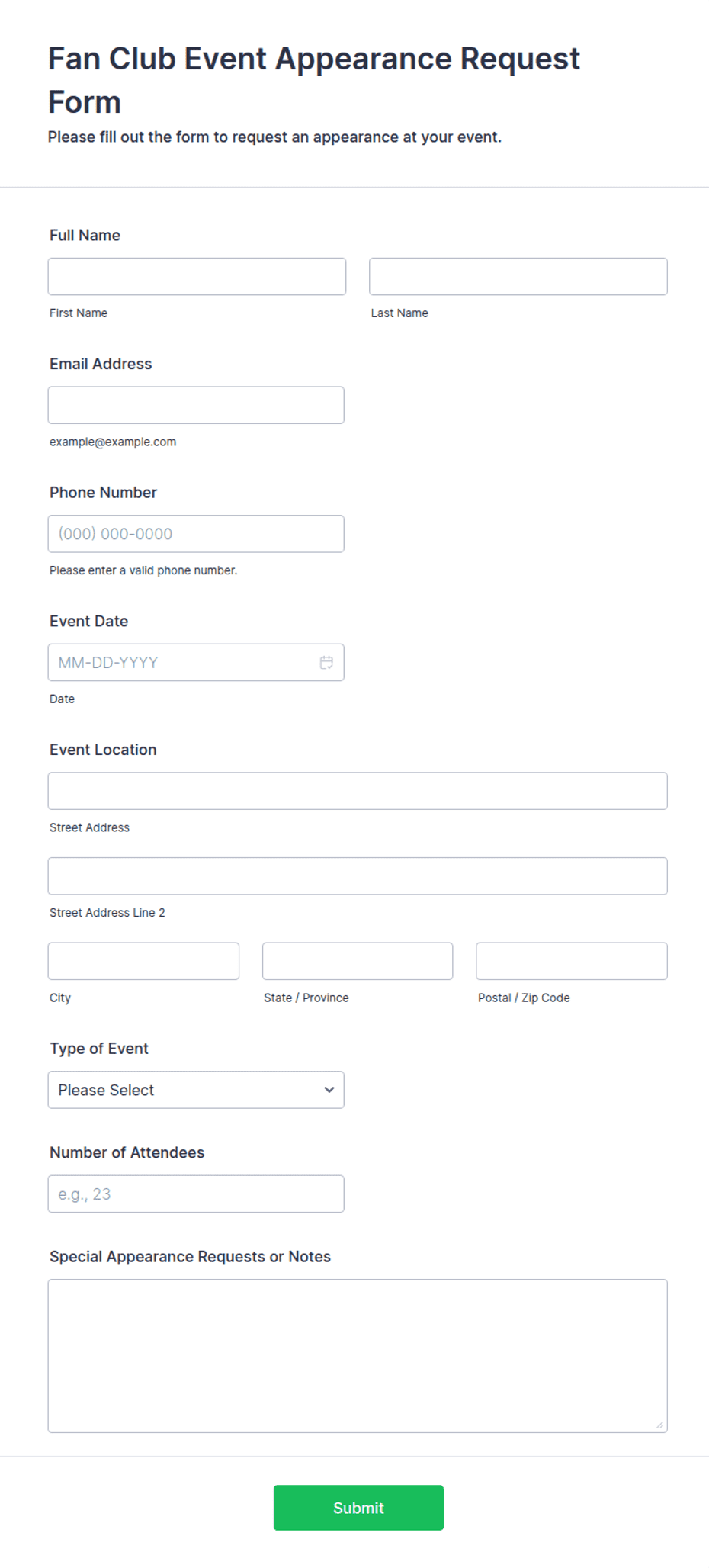 Fan Club Event Appearance Request Form Template | Jotform