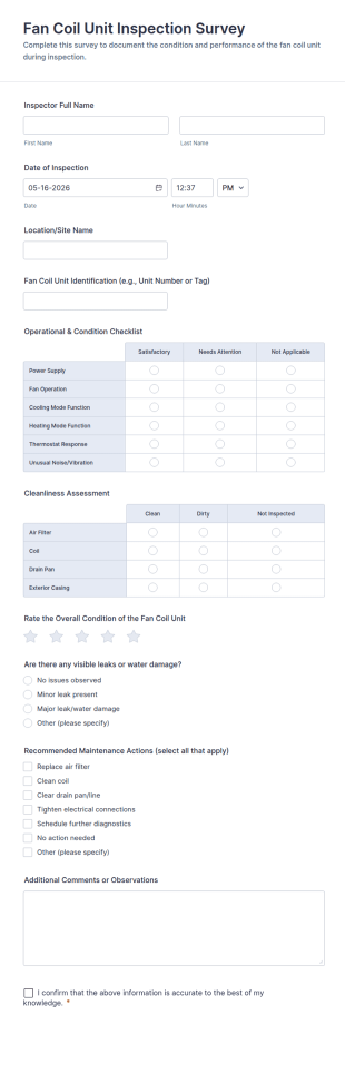 Fan Coil Unit Inspection Survey Form Template