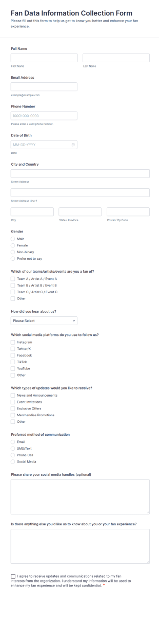 Fan Data Information Collection Form Template