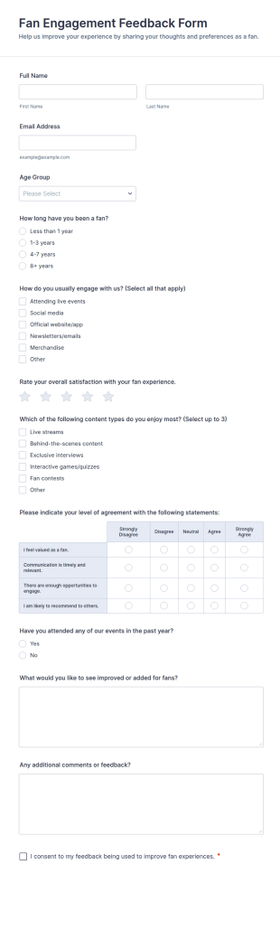 Fan Engagement Feedback Form Template