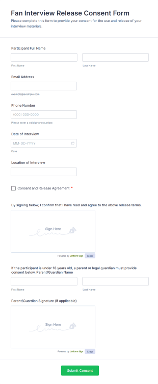 Fan Interview Release Consent Form Template