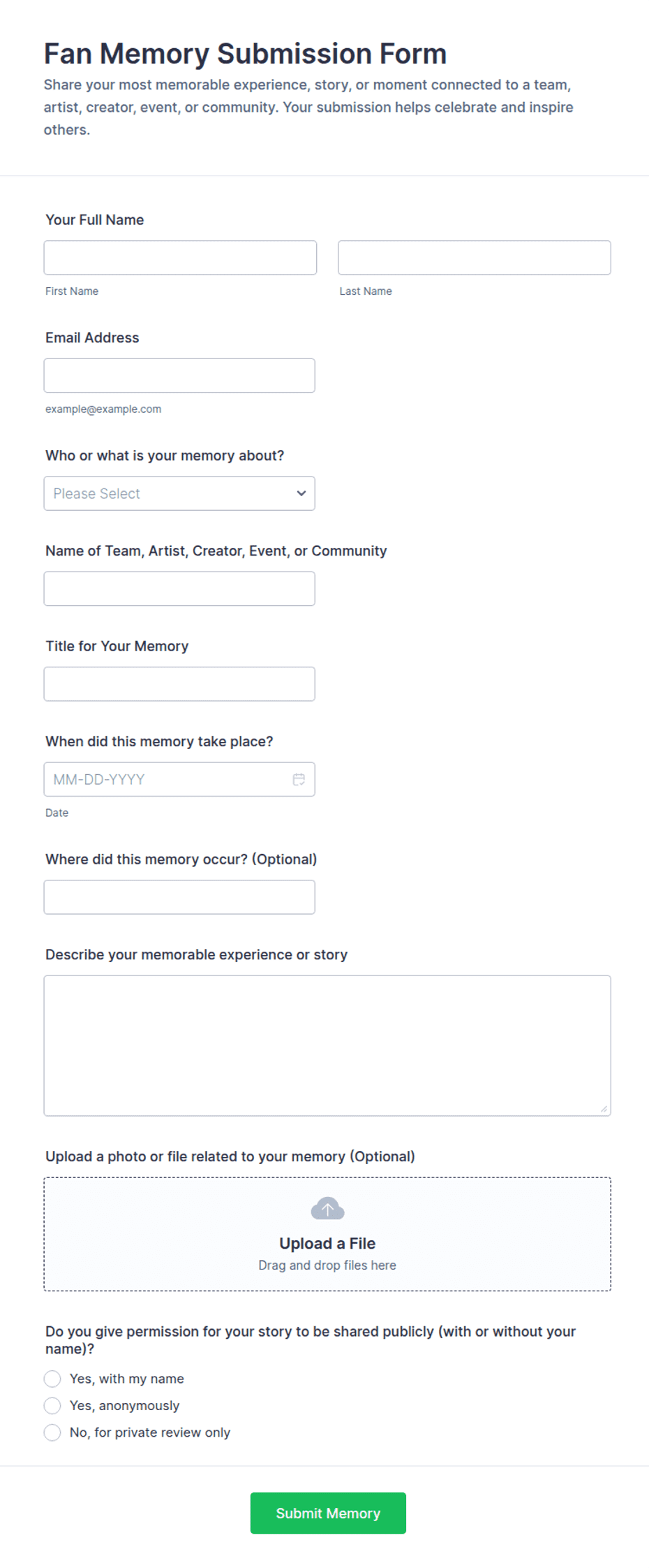 Fan Memory Submission Form Template | Jotform