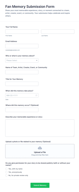 Fan Memory Submission Form Template