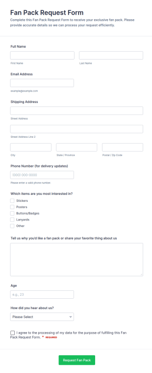 Fan Pack Request Form Template