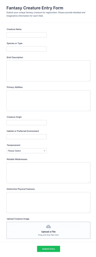 Fantasy Creature Entry Form Template