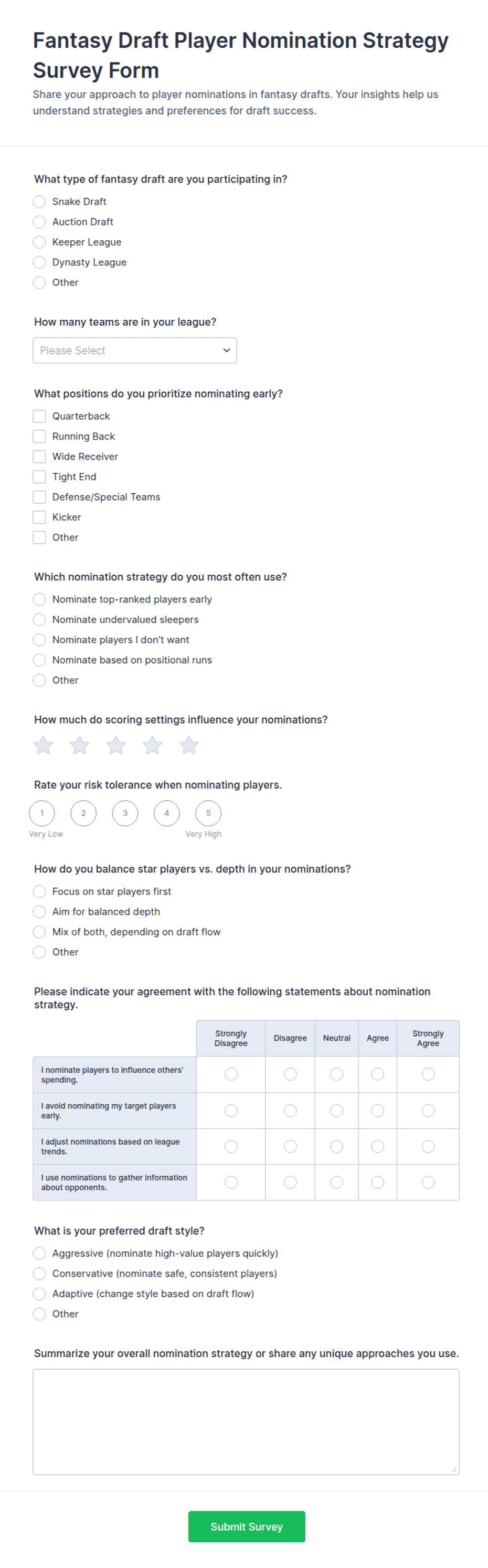 Fantasy Draft Player Nomination Strategy Survey Form Template | Jotform