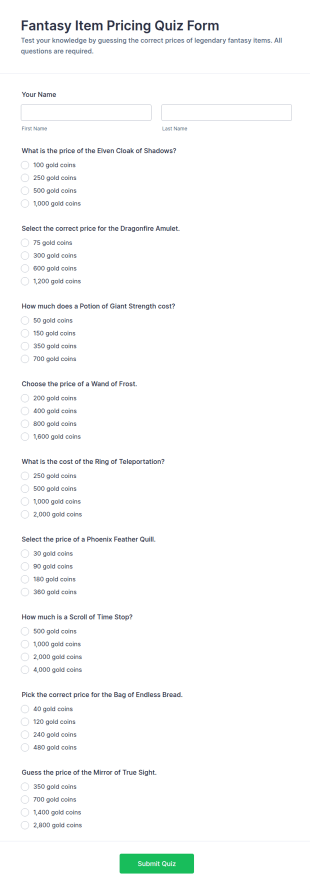 Fantasy Item Pricing Quiz Form Template