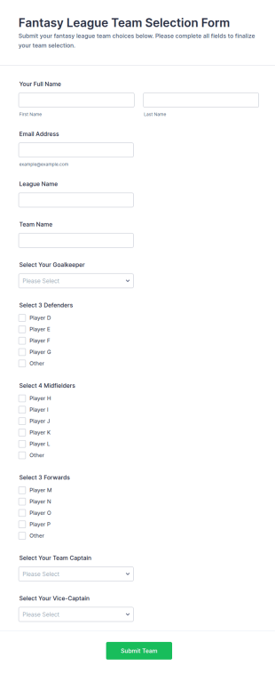 Fantasy League Team Selection Form Template