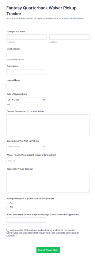 Fantasy Quarterback Waiver Pickup Tracker Form Template
