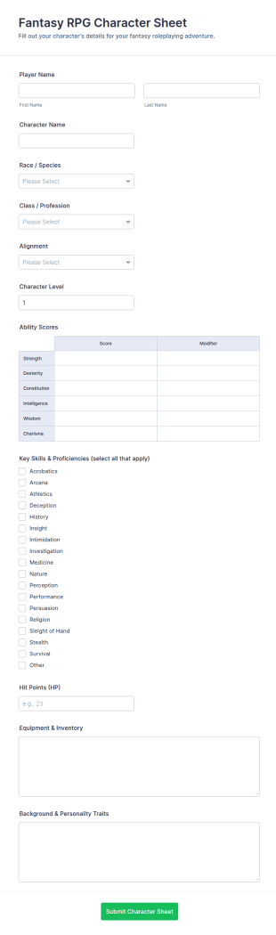 Fantasy RPG Character Sheet Form Template
