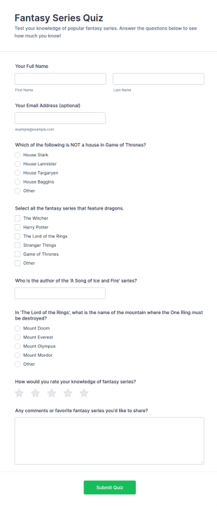 Fantasy Series Quiz Form Template