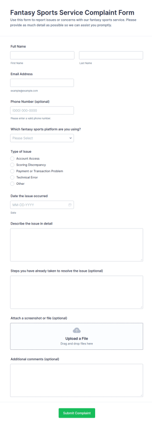 Fantasy Sports Service Complaint Form Template