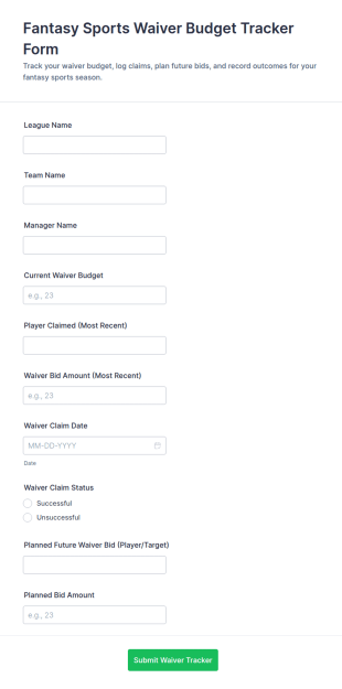 Fantasy Sports Waiver Budget Tracker Form Template