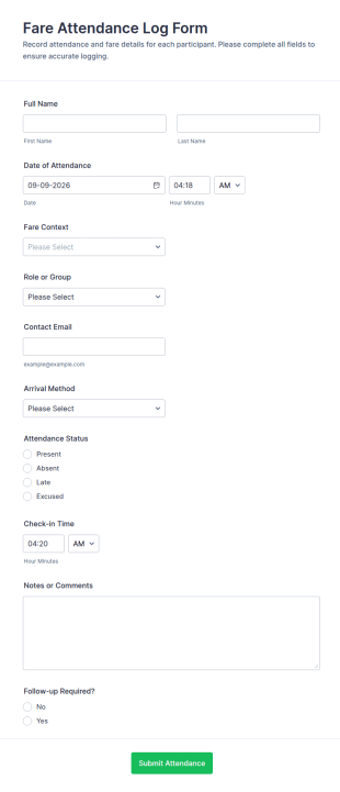 Fare Attendance Log Form Template