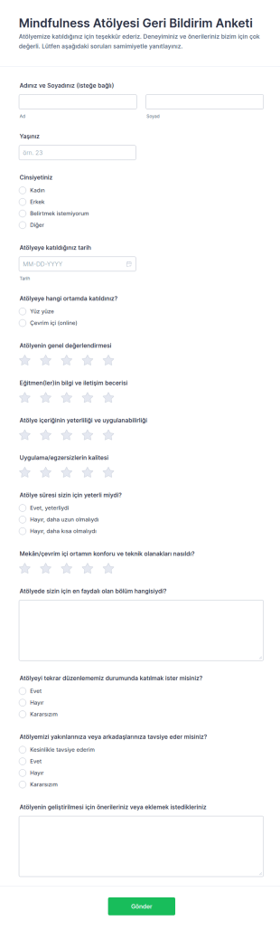Farkındalık Atölyesi Geri Bildirim Anketi Form Şablonu