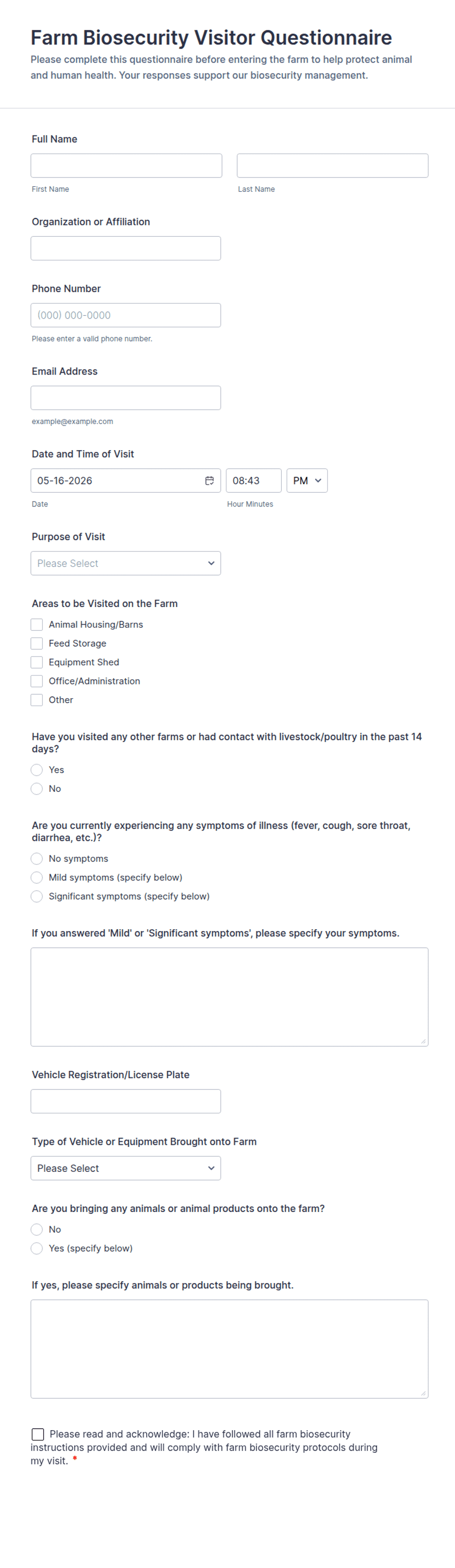Farm Biosecurity Visitor Questionnaire Form Template | Jotform