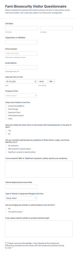 Farm Biosecurity Visitor Questionnaire Form Template