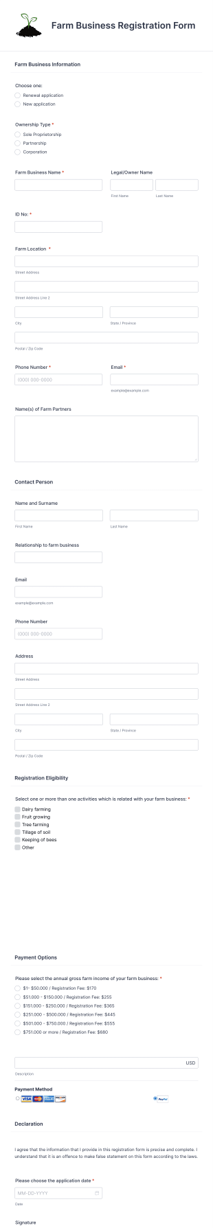 Farm Business Registration Form Template