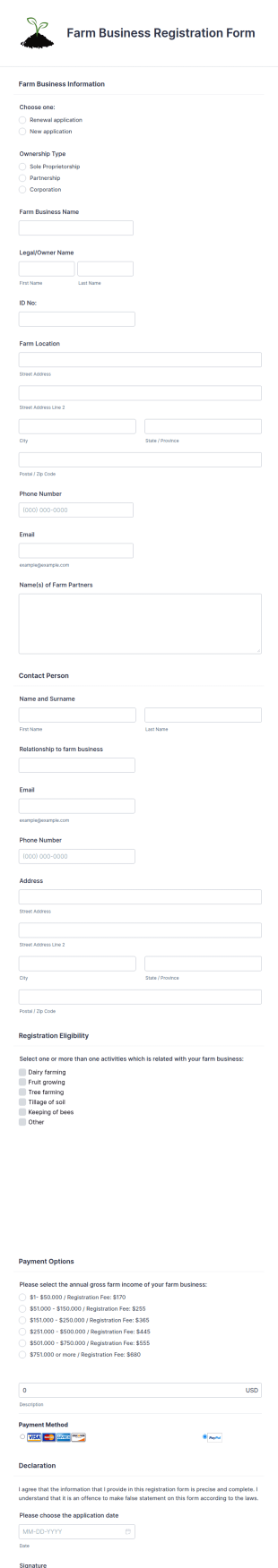 Farm Business Registration Form Template