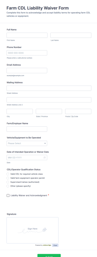 Farm CDL Liability Waiver Form Template