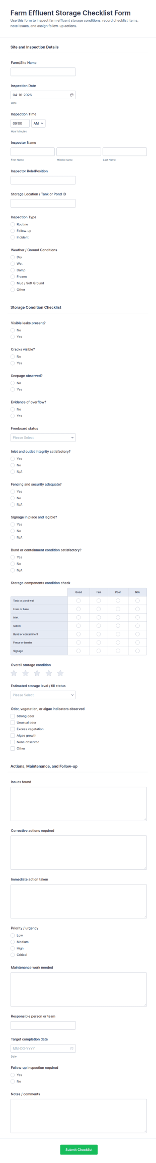 Farm Effluent Storage Checklist Form Template