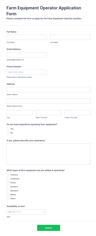 Farm Equipment Operator Application Form Template