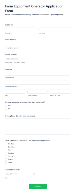 Farm Equipment Operator Application Form Form Template