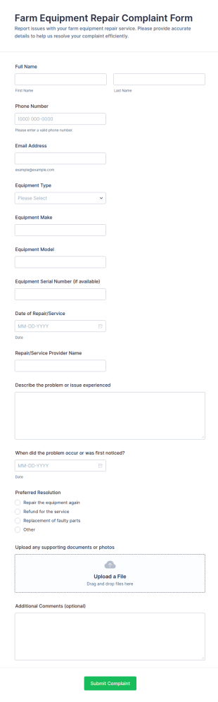 Farm Equipment Repair Complaint Form Template