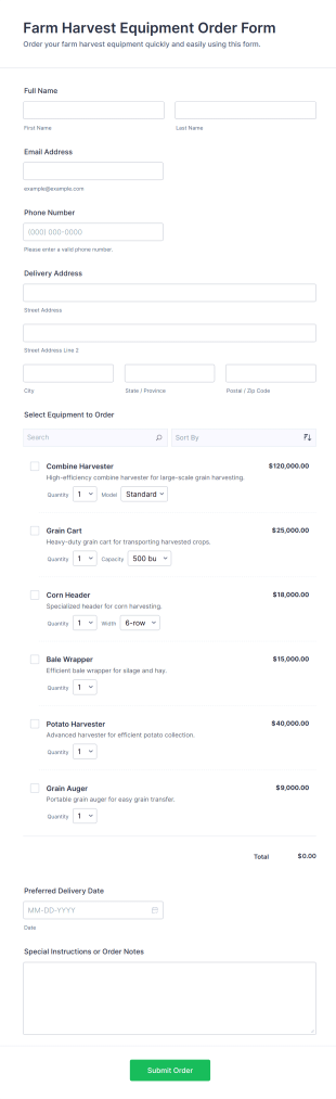 Farm Harvest Equipment Order Form Template