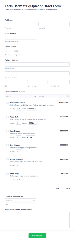 Farm Harvest Equipment Order Form Template