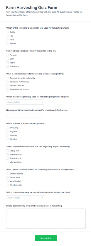 Farm Harvesting Quiz Form Template