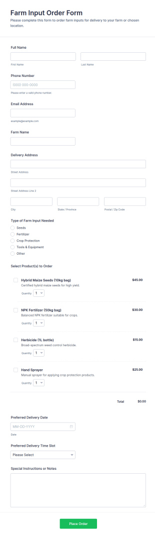 Farm Input Order Form Template