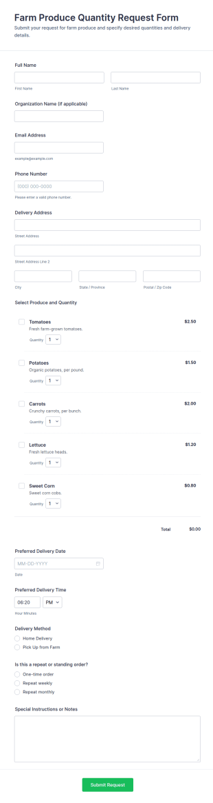 Farm Produce Quantity Request Form Template