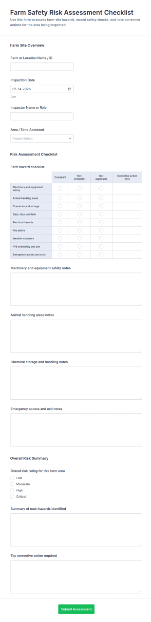 Farm Safety Risk Assessment Checklist Form Template