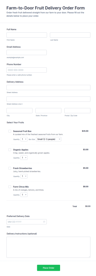Farm To Door Fruit Delivery Order Form Template