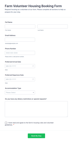 Farm Volunteer Housing Booking Form Template