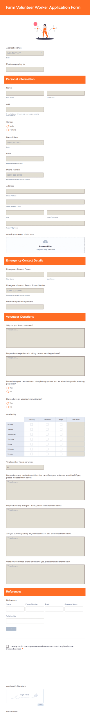 Farm Volunteer Worker Application Form Template