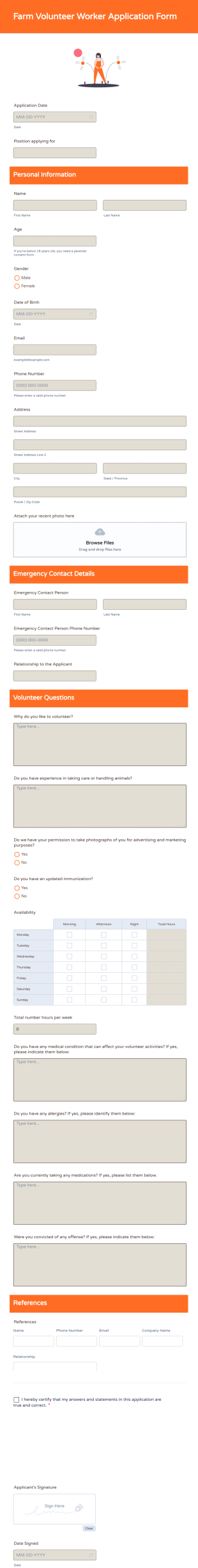 Farm Volunteer Worker Application Form Template