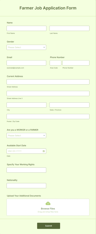 Farmer Job Application Form Template