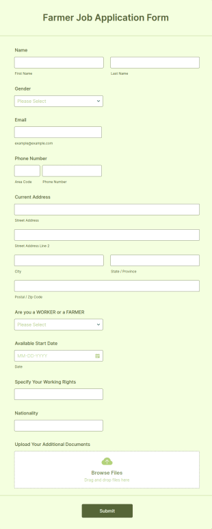 Farmer Job Application Form Template