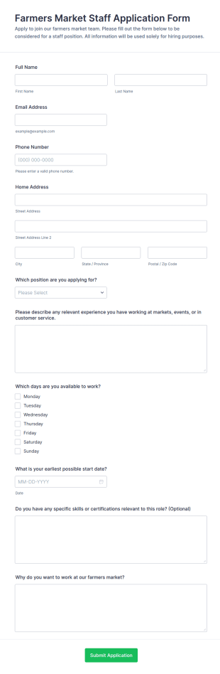 Farmers Market Staff Application Form Template