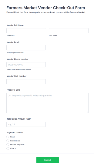 Farmers Market Vendor Check Out Form Template