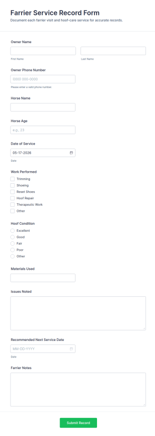 Farrier Service Record Form Template