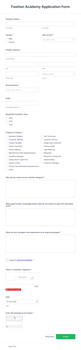 Fashion Academy Application Form Template