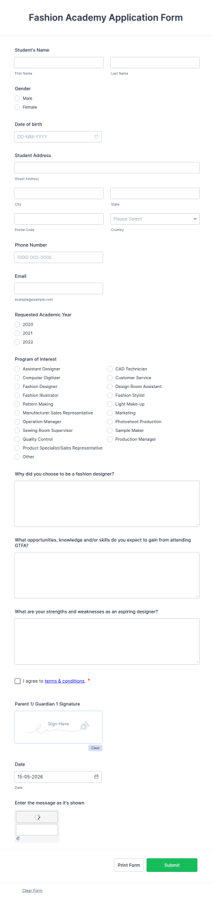 Fashion Academy Application Form Template