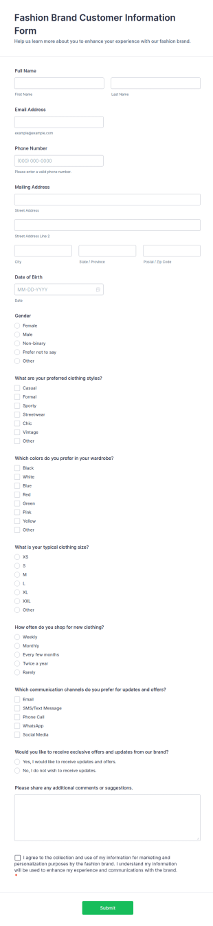 Fashion Brand Customer Information Form Template