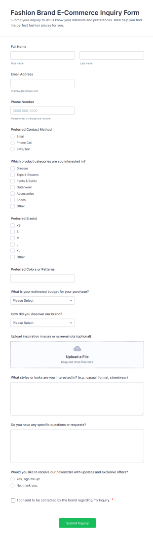 Fashion Brand E Commerce Inquiry Form Template